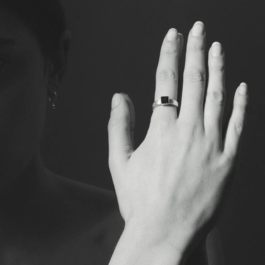 The Temple Of The Sun Sparta Ring in Silver on a models hand