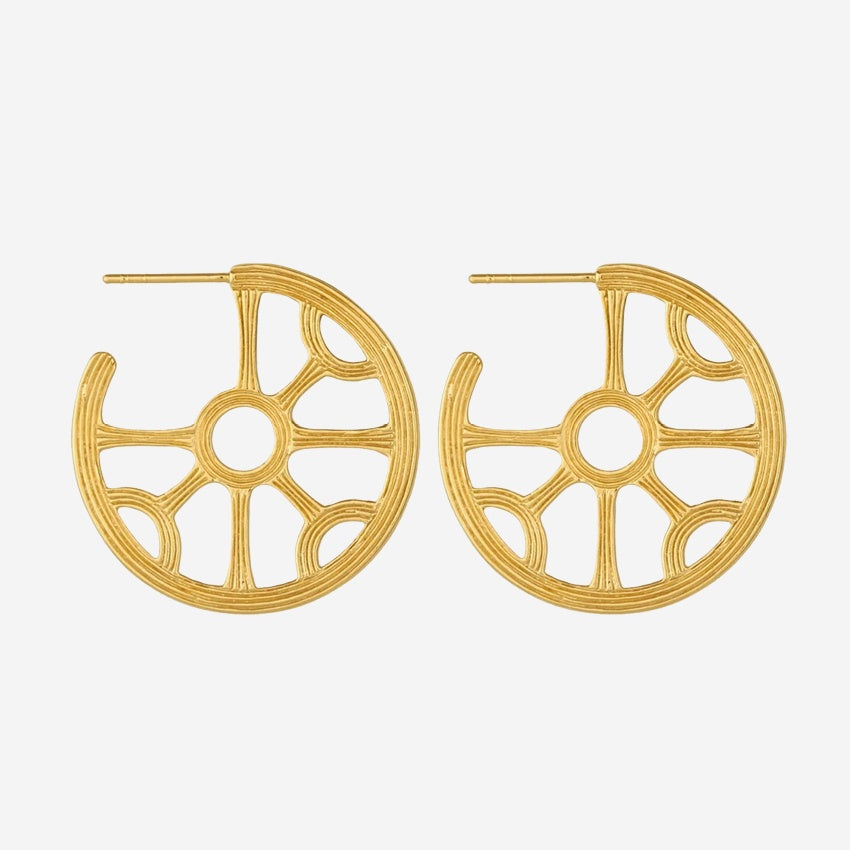 The Temple Of The Sun Kalinda Hoops in 18k Gold Vermeil on a blank background