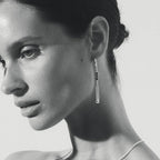 The Temple Of The Sun Pele Earrings in Sterling Silver on a model in black and white