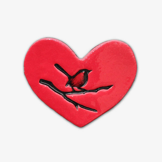 Flat Heart Bird on Branch Tile | Red