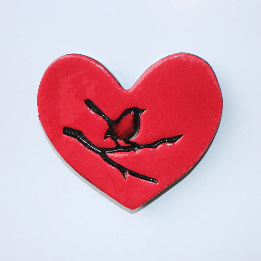 Flat Heart Bird on Branch Tile | Red