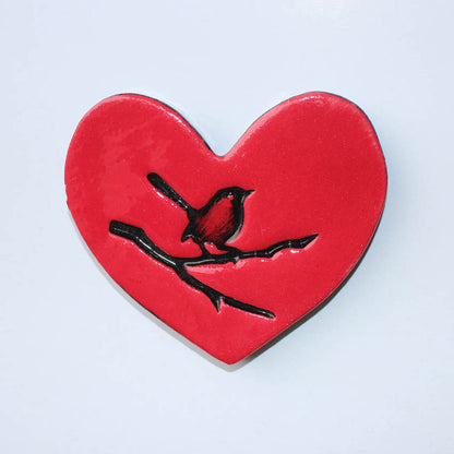 Flat Heart Bird on Branch Tile | Red
