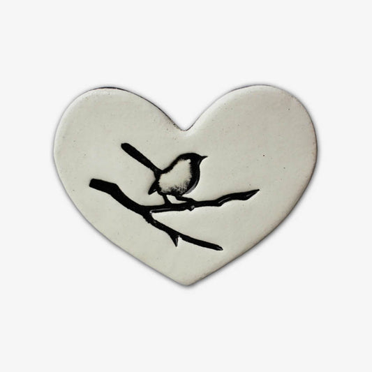 Flat Heart Bird on Branch Tile | White