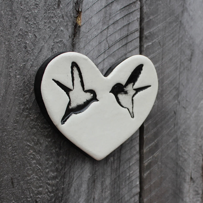 Flat Heart Double Bird Tile | White