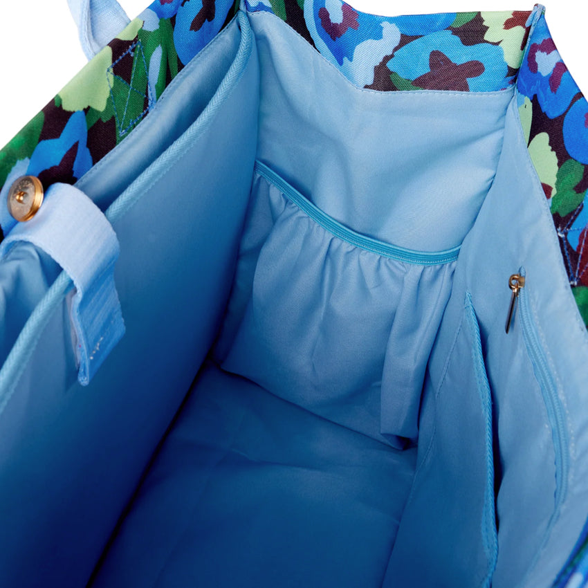 An inside view of the Somewhere Co Ultimate Tote in Pansy Patch 