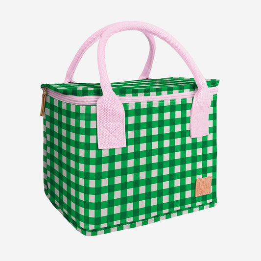 The Somewhere Co Lunch Bag in Green Gingham on a blank background