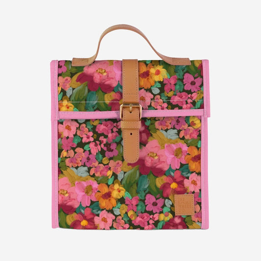 The Somewhere Co's Lunch Satchel in the Amongst The Flowers pattern on a blank background