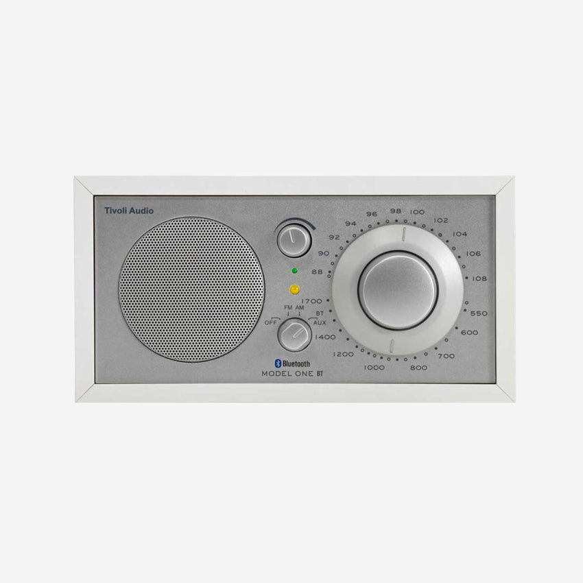 The Tivoli Model One BT in Silver and White on a blank background