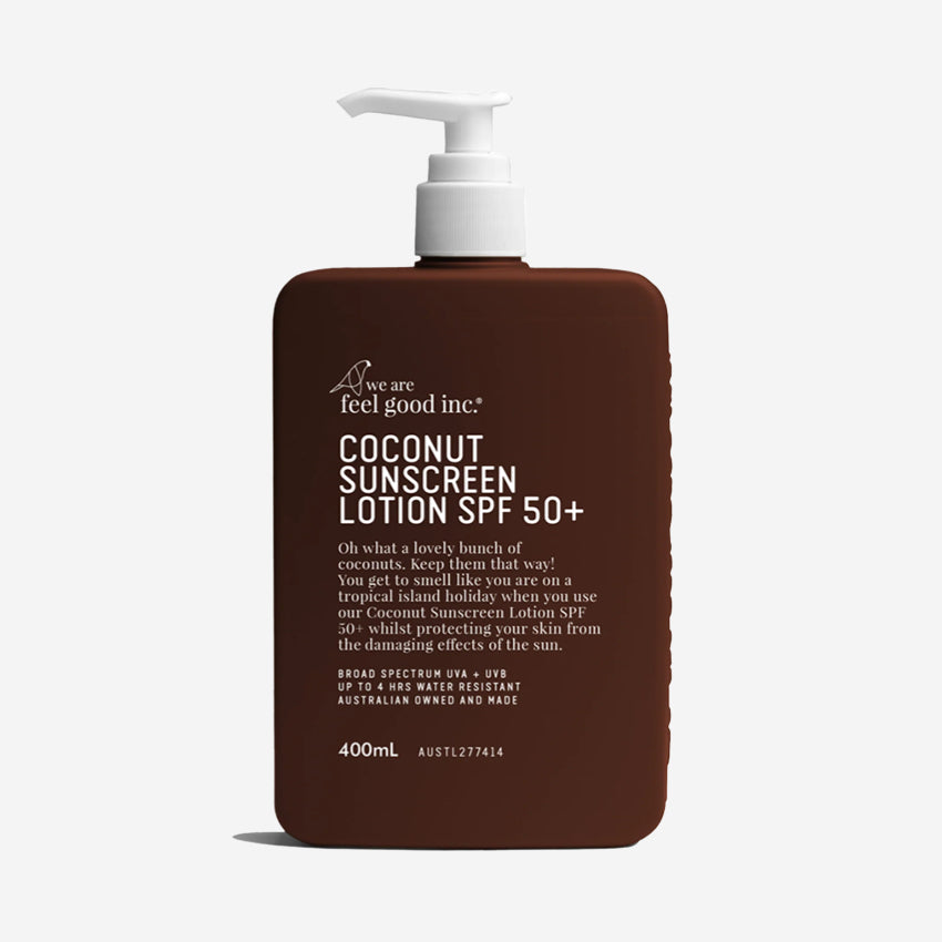 The We Are Feel Good Inc Coconut SPF50+ Sunscreen 400ml on a blank background 