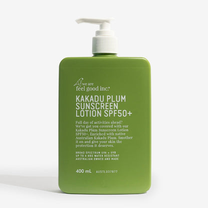 The We Are Feel Good Inc Kakadu Plum SPF50+ Sunscreen Lotion 400ml on a blank background