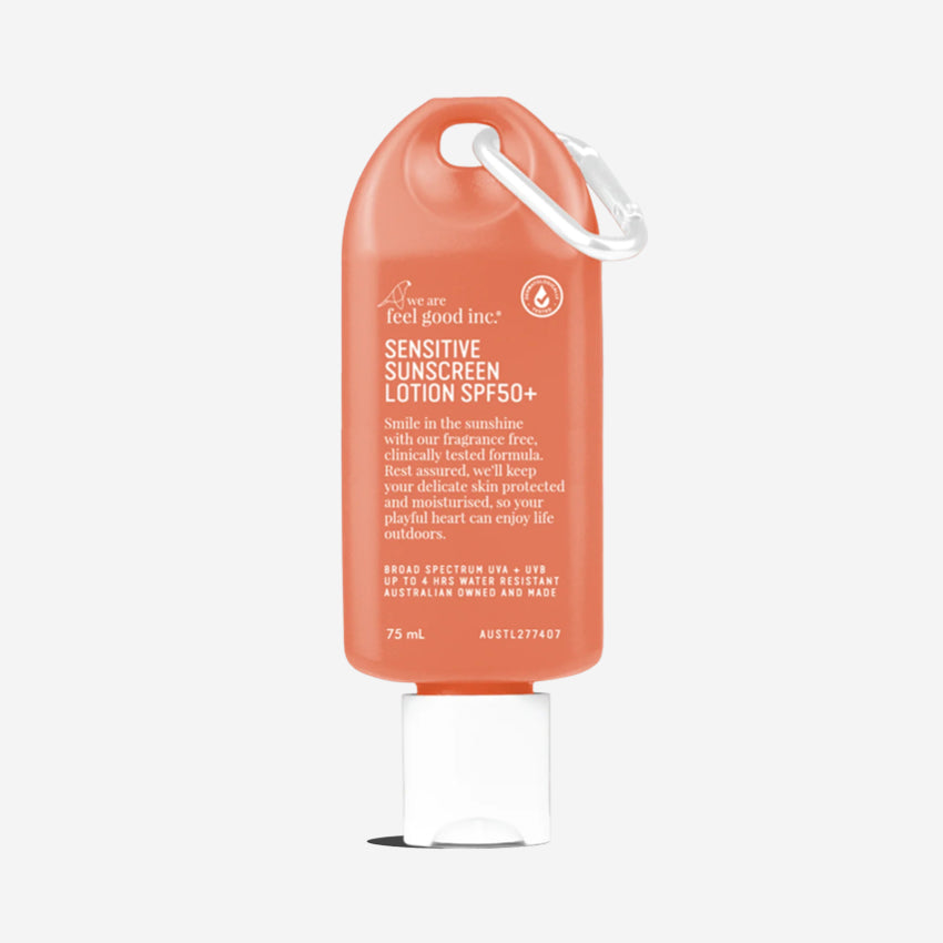 The We Are Feel Good Inc Sensitive SPF50+ Sunscreen Lotion 75ml on a blank background