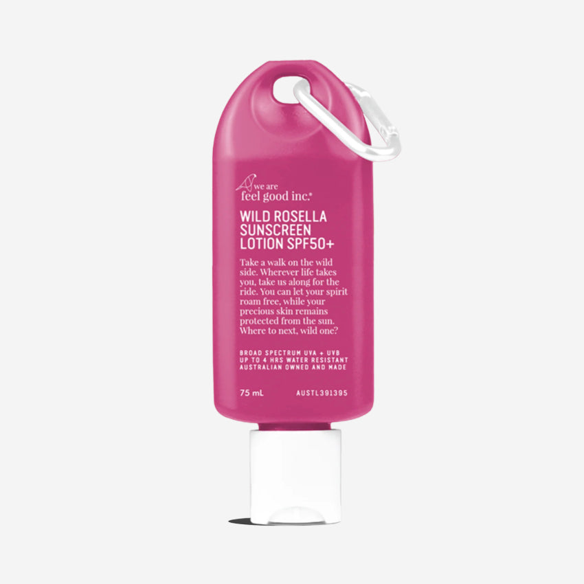 The We Are Feel Good Inc Wild Rosella SPF 50+ Sunscreen Lotion 75ml on a blank background
