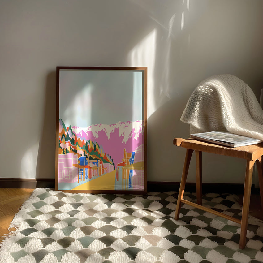 The West Moor Design Arrowtown Art Print in a wooden frame on a rug