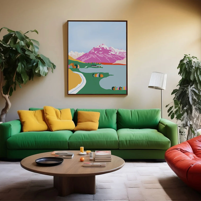 The West Moor Design Mount Cook Art Print framed and hanging on a wall above a green couch