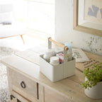 The Yamazaki Small Tosca Tool Box on a side table with medicines in it