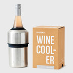 The Huski Wine Cooler in Brushed Stainless with a wine bottle in it and next to its box on a blank background