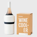 The Huski Wine Cooler in White with a wine bottle in it and next to its box on a blank background