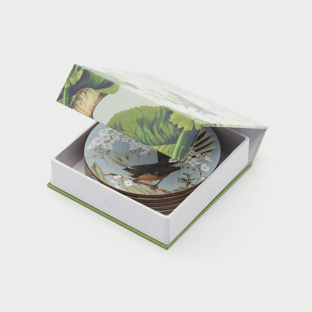 The 100 Percent NZ Birds and Botanicals Coaster Set in their box