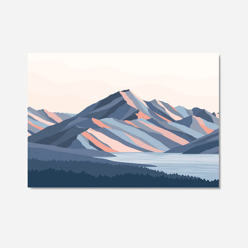An art print of the Aoraki Mountains, in a contemporary colour palette capturing the essence of the mountain range by Bridget Hall Designs.