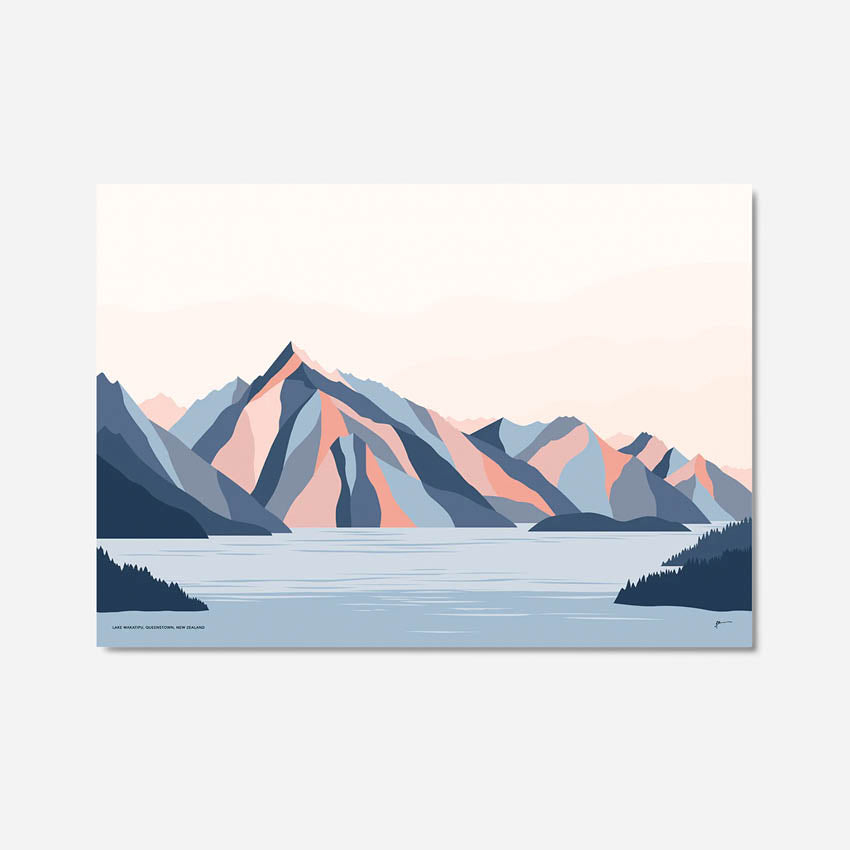 A modern art print featuring a stylised depiction of Lake Wakatipu and mountains on a grey background