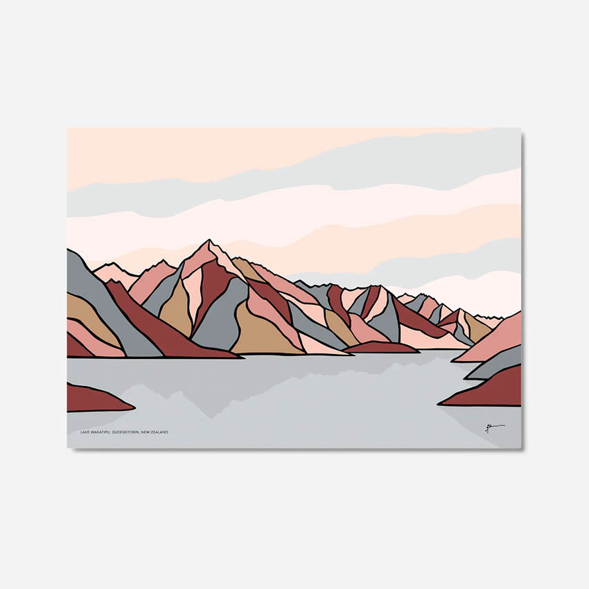The Bridget Hall Design Queenstown View Art Print on a grey background