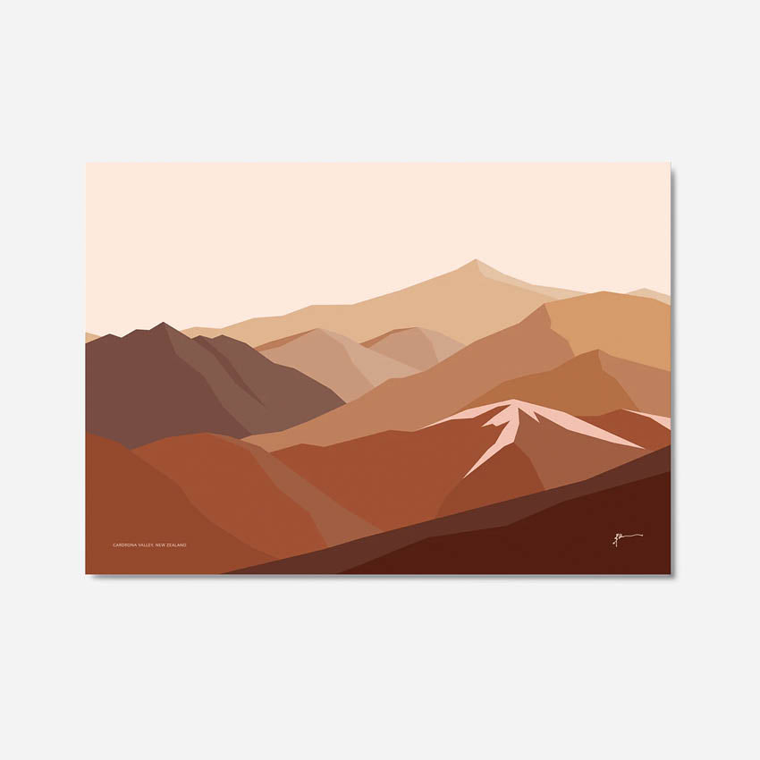 A digital art print depicting the Cardrona Valley landscape with shades of brown by Bridget Hall on a grey background