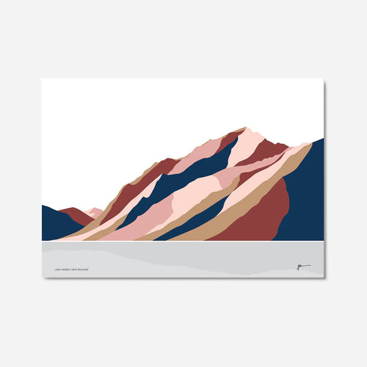 A modern art print of Lake Hawea and Corner Peak in shades of blue and pink by Bridget Hall on a grey background
