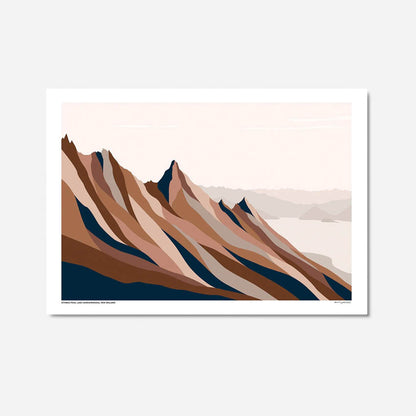 A art print of stylised mountain landscape of Isthmus Peak Trail with shades of brown and pink by Bridget Hall 