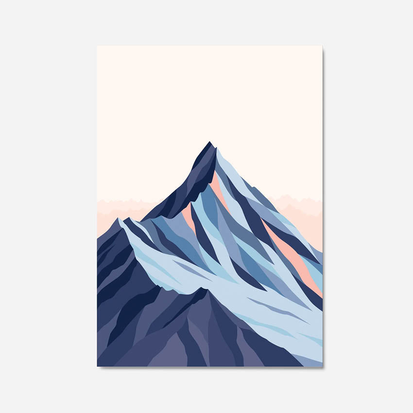 A mordern art print of Mount Aspiring with geometric shapes in shades of blue and pink on a grey background