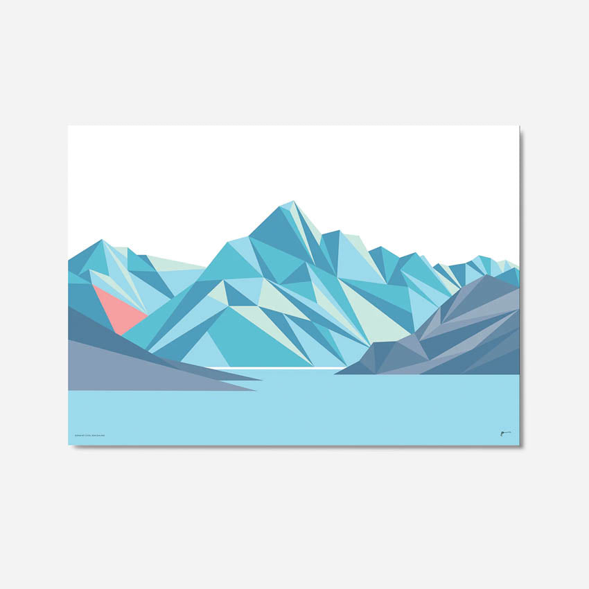 A geometric art print of Mt Cook in blue and pink hues, by Bridget Hall on a grey background.