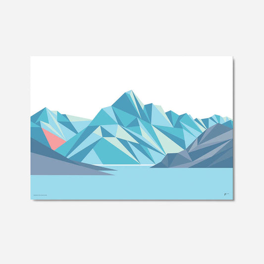 A geometric art print of Mt Cook in blue and pink hues, by Bridget Hall on a grey background.