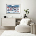 The Queenstown Township Map art print by Bridget Hall in a black frame hanging in a living room