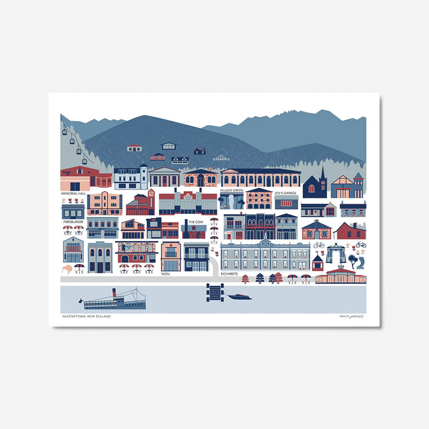 A colourful art print depicting the Queenstown township by Bridget Hall on a grey background