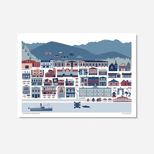 A colourful art print depicting the Queenstown township by Bridget Hall on a grey background