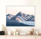 An art print of the Aoraki Mountains, in a contemporary colour palette capturing the essence of the mountain range by Bridget Hall Designs in a frame on the wall.