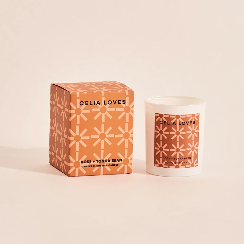 The Celia Loves Rose and Tonka Bean Candle with its box