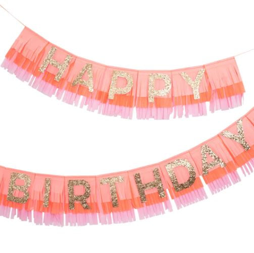 Happy Birthday Garland | Pink Fringe