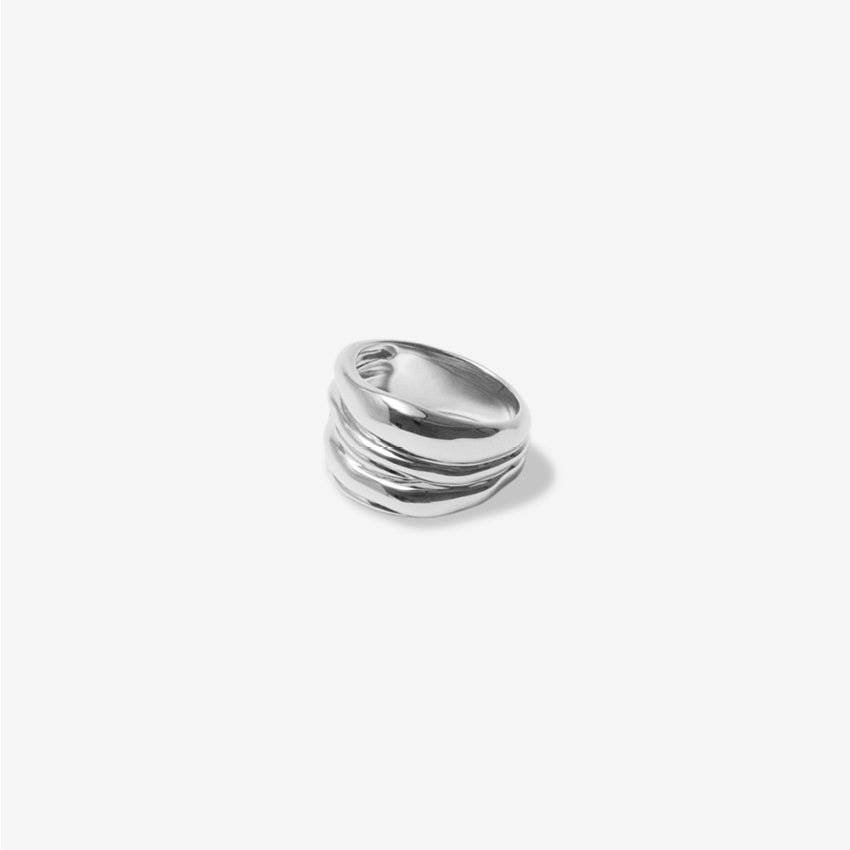 The Nina Gordon Vertigo Ring in Silver on a blank background