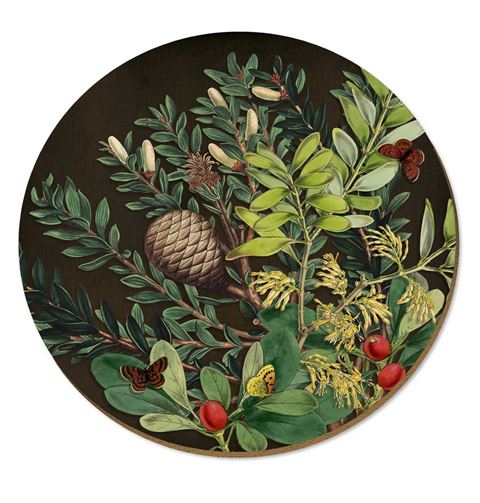 The Wolfkamp & Stone Placemat in Pinecone and Berries on a black background