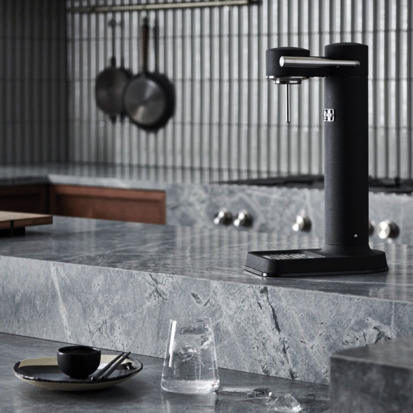 The Aarke Carbonator 3 Matte Black on a kitchen bench