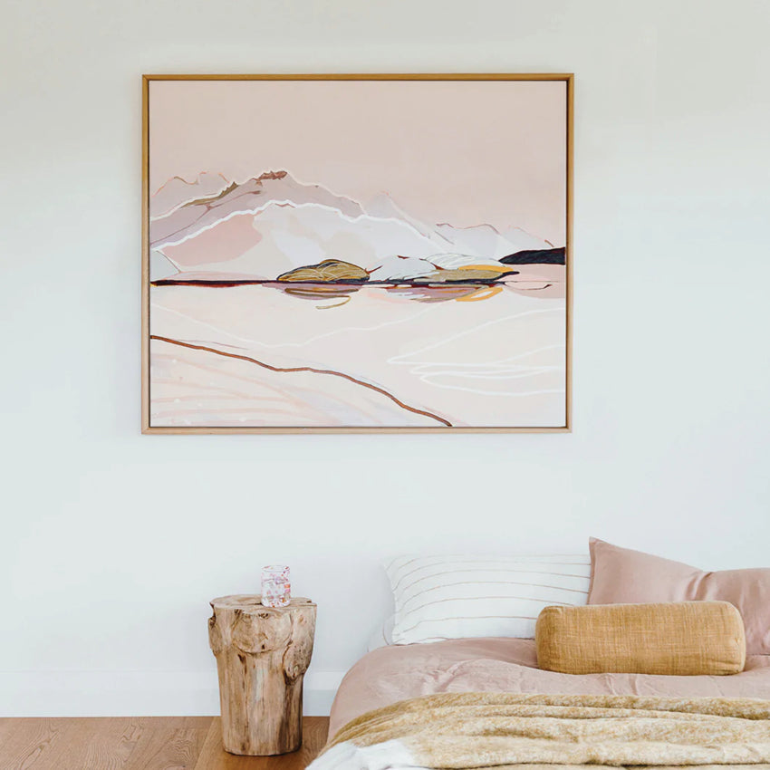 Jen Sievers Days of Gold Framed Canvas Print Styled in a Bedroom