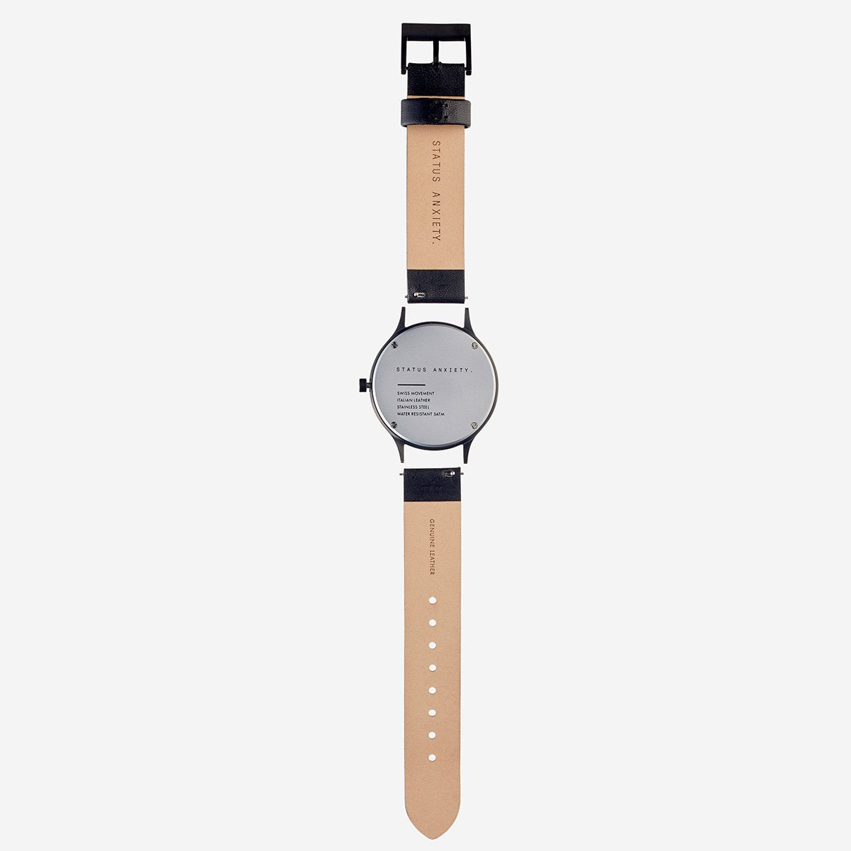 Status Anxiety Inertia Watch in Matte Black with White Face and Black Strap Back View