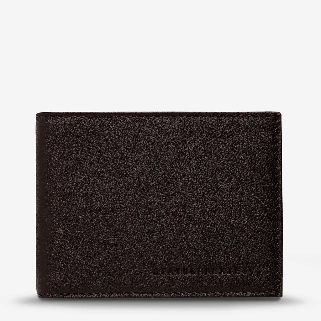 The Status Anxiety Noah Wallet in Chocolate on a blank background