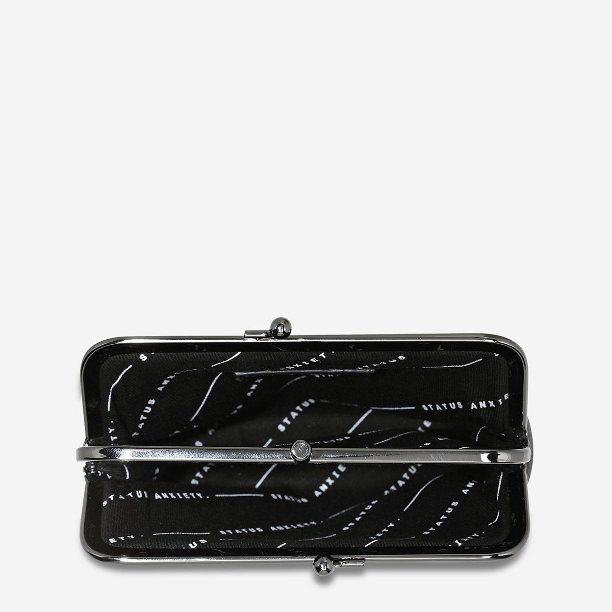 Status Anxiety Volatile Wallet in Black Opened with a top view on a White Background